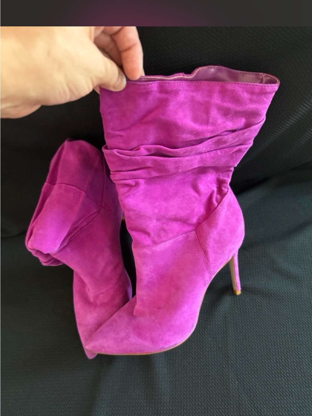 Schutz Suede Slouch Stiletto Boots in Fuchsia